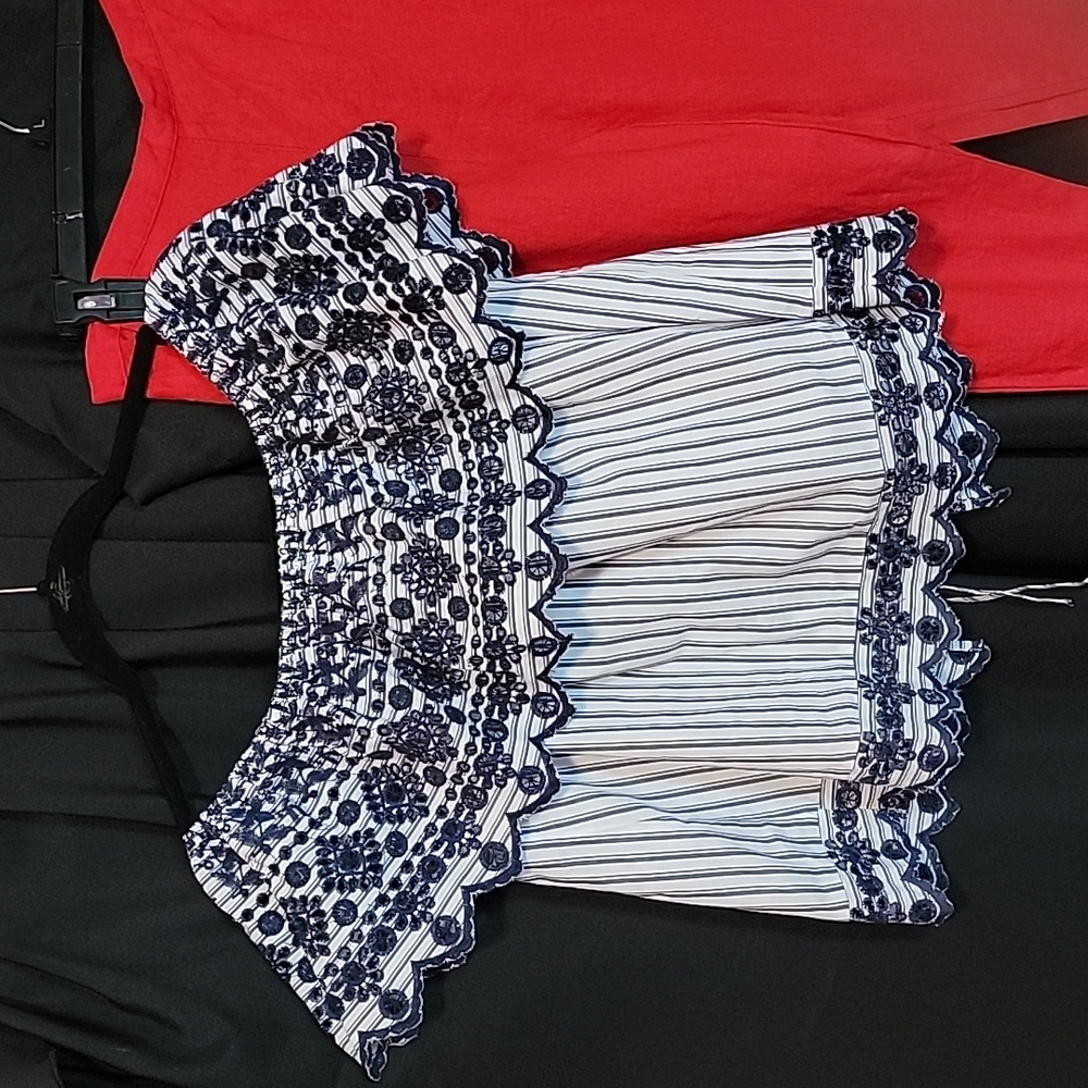 Womens Navy Stripe Ruffle S/S Blouse M, NWT Essentials by ABS